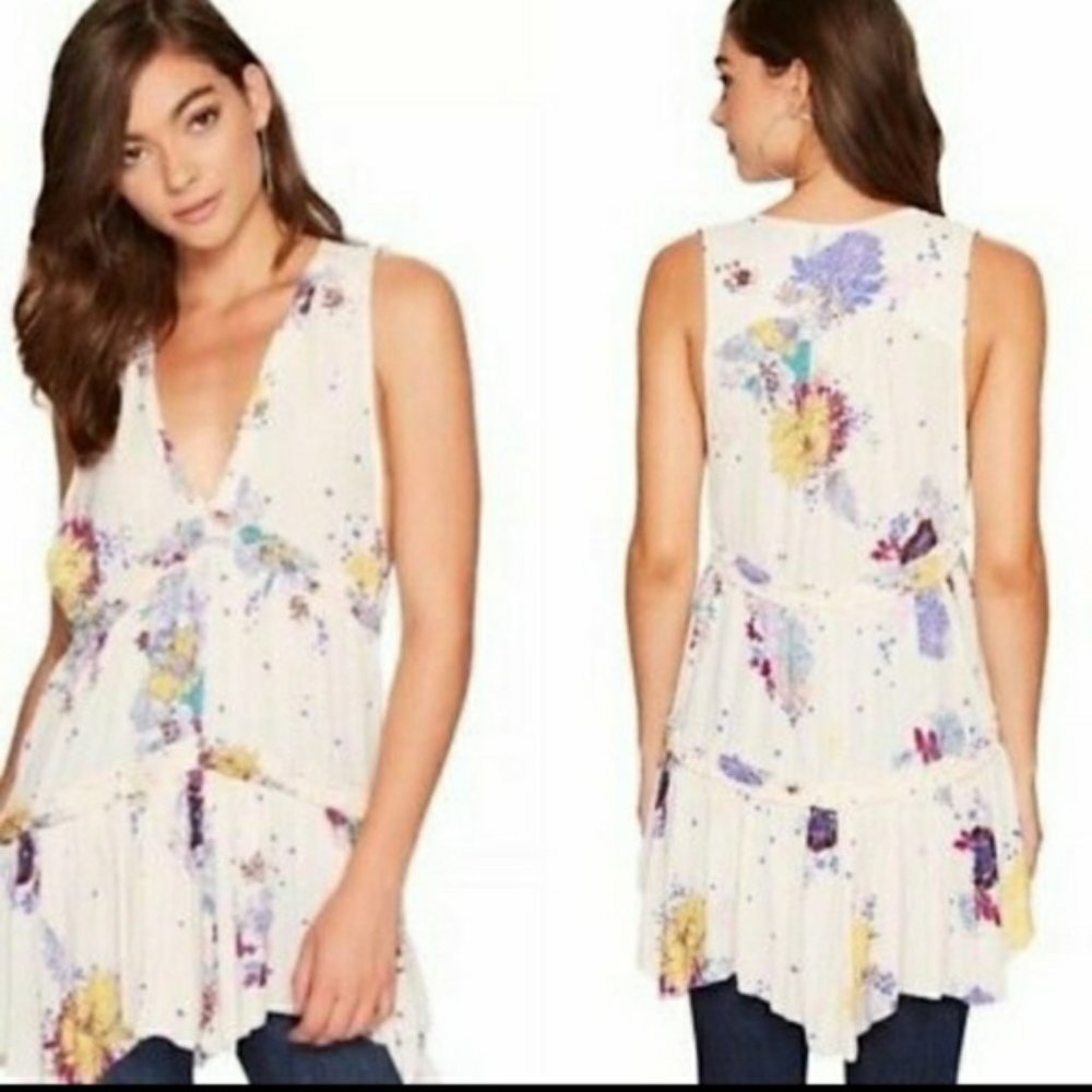 Free People Top M Purple Haze Ivory Combo Floral Tunic Ruffle